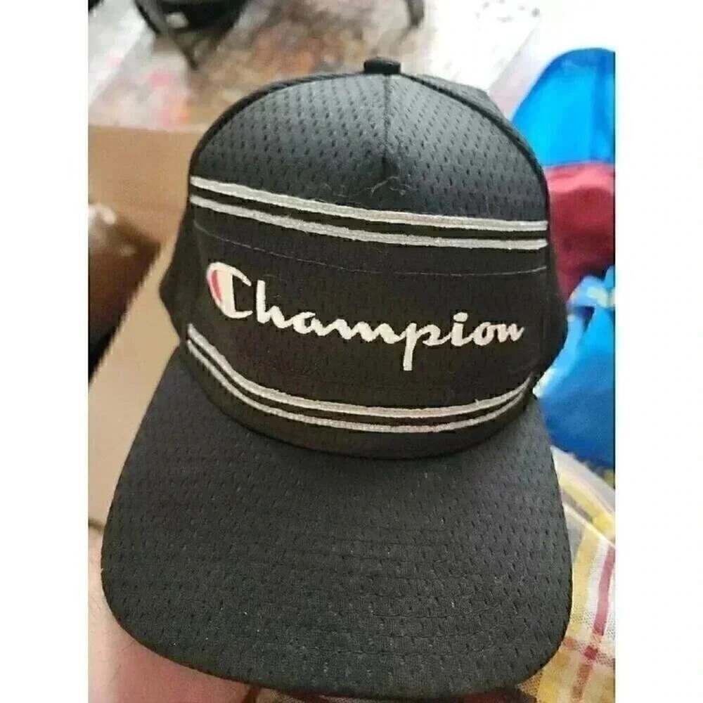 Champion Script Spellout Logo Baseball Hat Cap Black Stretch Mesh L/XL